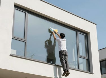 Bright, clean windows reflecting a sunny sky with a gentle hand wiping a pane.