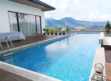 kolam renang minimalis modern di area halaman belakang.