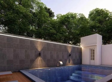 Ilustrasi 3D desain kolam renang mewah dengan fitur jacuzzi dan air terjun.
