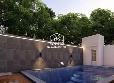 Ilustrasi 3D desain kolam renang mewah dengan fitur jacuzzi dan air terjun.