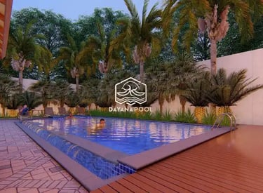 Ilustrasi 3D desain kolam renang mewah dengan fitur jacuzzi dan air terjun.