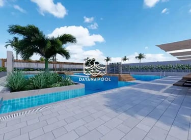 Ilustrasi 3D desain kolam renang mewah dengan fitur jacuzzi dan air terjun.