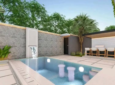 Ilustrasi 3D desain kolam renang mewah dengan fitur jacuzzi dan air terjun.