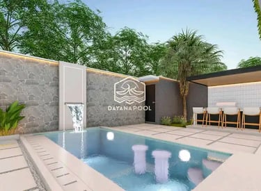 Ilustrasi 3D desain kolam renang mewah dengan fitur jacuzzi dan air terjun.