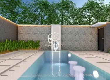 Ilustrasi 3D desain kolam renang mewah dengan fitur jacuzzi dan air terjun.