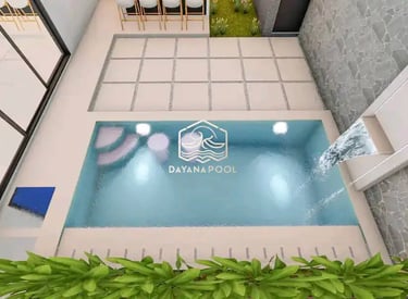 Ilustrasi 3D desain kolam renang mewah dengan fitur jacuzzi dan air terjun.