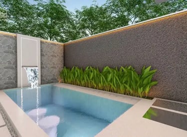 Ilustrasi 3D desain kolam renang mewah dengan fitur jacuzzi dan air terjun.