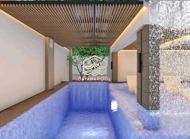 Ilustrasi 3D desain kolam renang mewah dengan fitur jacuzzi dan air terjun.