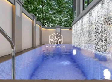 Ilustrasi 3D desain kolam renang mewah dengan fitur jacuzzi dan air terjun.