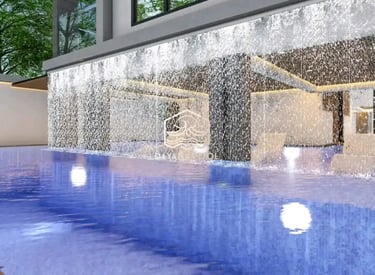 Ilustrasi 3D desain kolam renang mewah dengan fitur jacuzzi dan air terjun.