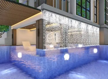 Ilustrasi 3D desain kolam renang mewah dengan fitur jacuzzi dan air terjun.