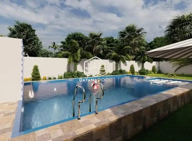 Ilustrasi 3D desain kolam renang mewah dengan fitur jacuzzi dan air terjun.