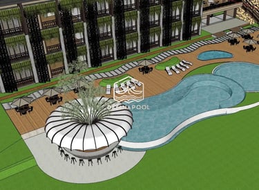 Ilustrasi 3D desain kolam renang mewah dengan fitur jacuzzi dan air terjun.