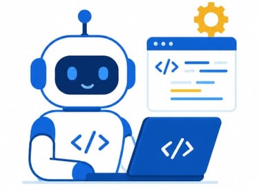 Robot programando en una computadora mediante código digital.