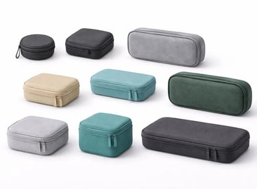 Collection of various hardshell travel cases and tech organizers in multiple colors and sizes.