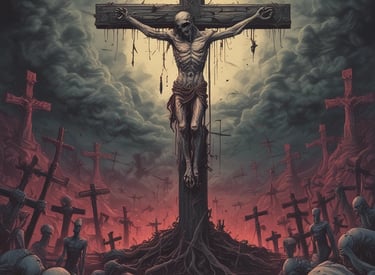 A dark ritual scene featuring a skull, skeletal hand, and floating mystical symbols.