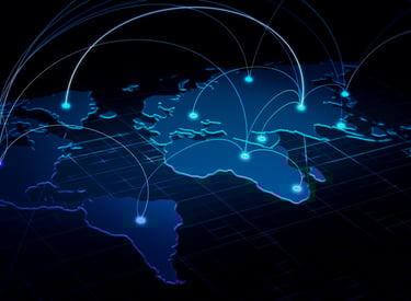 Digital blue world map showing global network connections and data communication lines across continents.