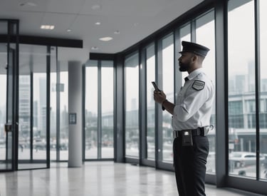 A security guard monitoring a commercial building entrance with a vigilant expression.