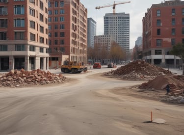 A construction site with multiple concrete formwork structures in place. Metal braces and supports are prominently visible, ensuring the stability of the forms. Concrete foundations and vertical columns are being prepared, with a mix of exposed rebar and newly laid concrete. The overall environment appears organized and active, reflecting ongoing building activities.