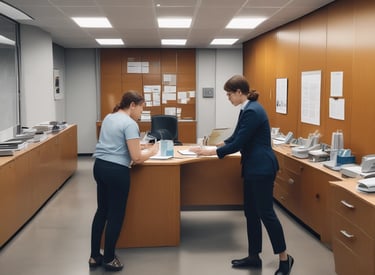 A professional organizing a workspace for efficiency.