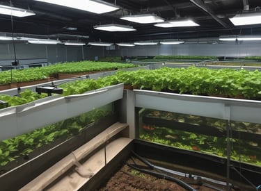 A vibrant aquaponics system showcasing various plants and fish.