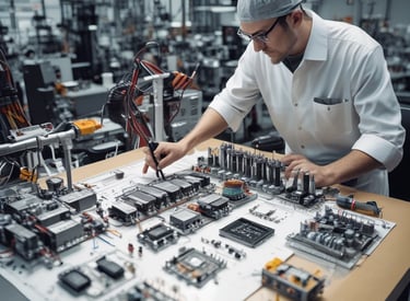 A small electronic project is assembled on a breadboard placed on a wooden surface. It includes wires, a microcontroller, and a display screen showing a humidity reading of 39% and a temperature of 25C. Various tools like wire cutters and digital components such as a seven-segment display are laid around it. A potted plant is visible in the top left corner.