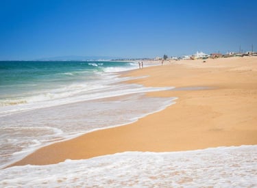 a beach with a person walking on the beach