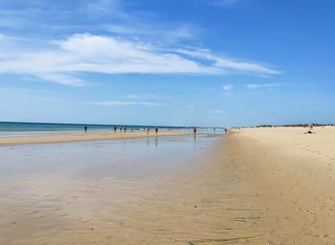 a beach with people walking on the sand