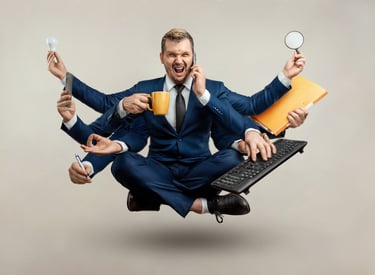 a man in a suit with multiple hands working on multiple things at the same time