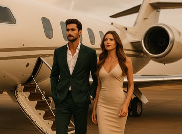Coppia elegante davanti a un jet privato: stile, amore e libertà di volare insieme