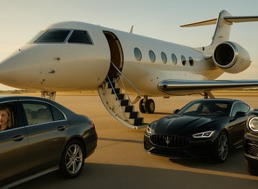 Jet privato con auto di lusso sulla pista: eleganza e performance in ogni dettaglio.