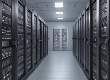 Several server racks with the logo 'imgIX' are neatly arranged in a data center. The racks are equipped with blue and yellow cable management, ensuring proper organization of the cables inside. The room is well-lit with overhead lighting and has a modern, clean appearance.