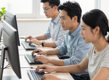 A classroom scene where a student seated at a desk is using a tablet with an external keyboard. The student is wearing headphones. In the background, other students are also using tablets and working at their desks. The classroom has educational posters on the walls and a whiteboard at the front.