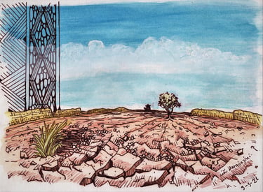 Desenho de uma arvore no meio do agreste, um cavaleiro se aproxima e um grafismo para decorar, de Jaum em 2021