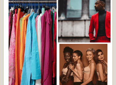 a man in a red jacket, woman in a red jacket, a collage of clothes on a rack