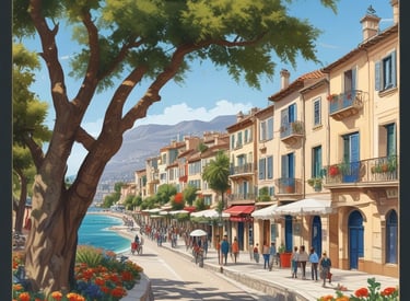 A blue cylindrical outdoor rubbish bin with a yellow label is situated on a paved sidewalk. It's positioned against a building featuring a section of red and white painted panels.