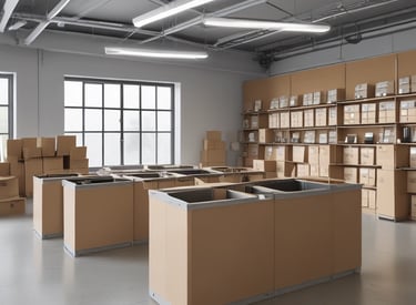 A blue cylindrical outdoor rubbish bin with a yellow label is situated on a paved sidewalk. It's positioned against a building featuring a section of red and white painted panels.