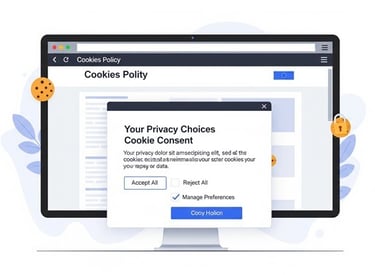 An illustration of a web browser on a desktop computer screen showing a 'Cookies Policy' pop-up with
