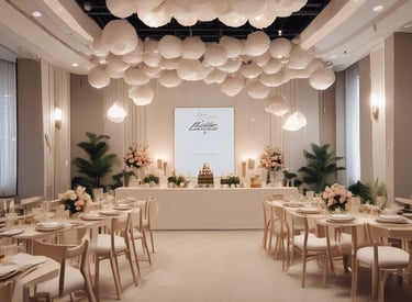 Salle avec banquet et luminaires suspendus 