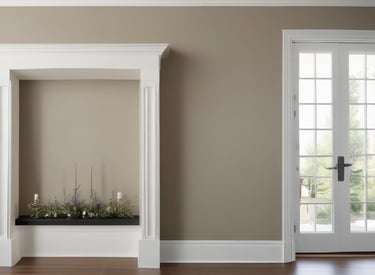 A painted building facade with architectural elements such as columns and windows, featuring an upper section depicting birds flying in a sky backdrop among leaves and decorative curtains.