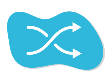 a blue and white fishtail with two arrows pointing to the left
