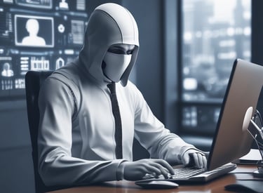 A dimly lit room features a desktop monitor and a laptop on a desk, both displaying lines of code and digital graphics. The primary focus is on programming and software development, with a dark, tech-centric theme.