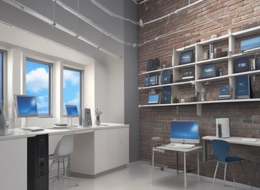 A room with a tiled ceiling and fluorescent lighting contains various electronic and office equipment. On the left, there's a wooden desk with a black server cabinet next to it. In the center of the room, a rack of network cables is visible, organized into a larger unit. To the right, a filing cabinet is mounted on the wall, with a printer/copier machine near the foreground. The walls are plain and the floor is covered in white tiles.