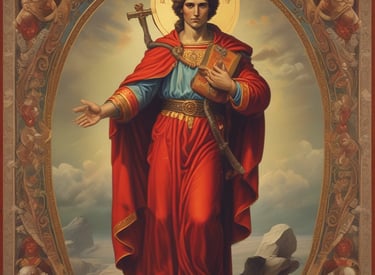 A statue depicting a saint holding a child is displayed on a pedestal with religious motifs. Surrounding the base are numerous lit candles arranged in a semicircle, casting a warm glow on the scene. The background features tall stone columns and stained glass windows, suggesting a church setting.