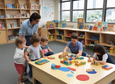 A bright and colorful children's play area with circular seating in pastel shades of pink, green, and blue. The room is filled with various play equipment and toys, including a playhouse and books. The ceiling is decorated with green and blue hanging flags, and the flooring is wooden. Large windows at the far end allow natural light to flood the room.