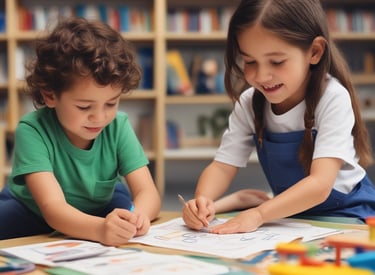 Several children are gathered around a low wooden table in a classroom, focusing on their studies. The room has simple furnishings with colorful plastic chairs, primarily green and blue, and a few educational materials visible. There are signs of wall wear, with paint peeling and chipped areas, and a window on one side letting in natural light. Decorations made of paper hang from the ceiling, adding a touch of color.