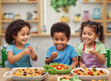 A young child wearing a bright pink outfit is sitting on the floor in a playful pose, with arms raised and a joyful expression. Surrounding the child are colorful toys and educational materials. The setting appears to be a classroom or playroom with toys, books, and wooden shelving in the background.