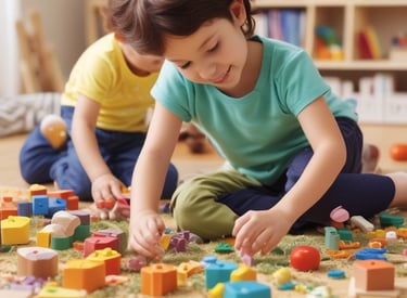 A group of children gathers outdoors on an orange mat placed on the ground near a brick wall and rustic building. Some children are sitting with books, while others stand nearby. There's an atmosphere of informal learning or play in a rural setting.
