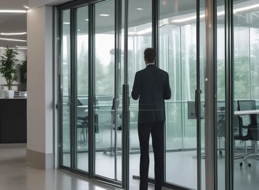 Several glass revolving doors are arranged in a row along the exterior of a building. The doors are framed by metal and are designed to allow entry and exit. The structure of the building is also visible with large windows and a covered walkway leading up to the doors.