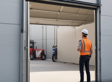 Several glass revolving doors are arranged in a row along the exterior of a building. The doors are framed by metal and are designed to allow entry and exit. The structure of the building is also visible with large windows and a covered walkway leading up to the doors.